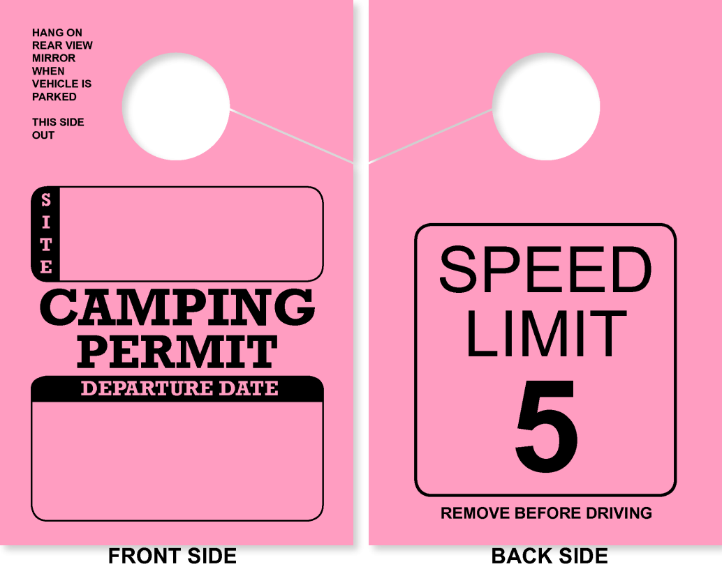 Campground/RV Park Camping Permit Hang Tag | Speed Limit 5 | Pink 