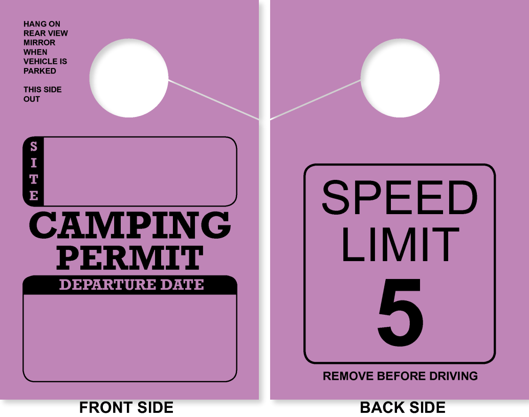 Campground/RV Park Camping Permit Hang Tag | Speed Limit 5 | Purple 