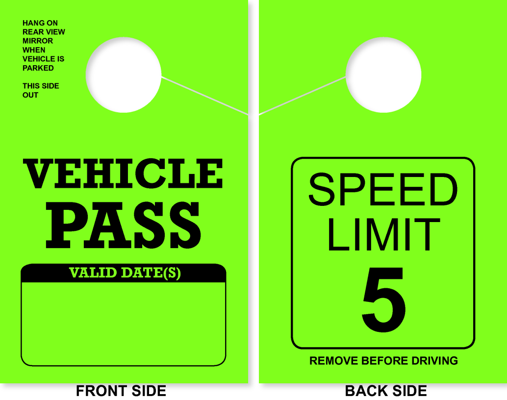 Campground/RV Park Vehicle Pass Hang Tag | Speed Limit 5 | Green 