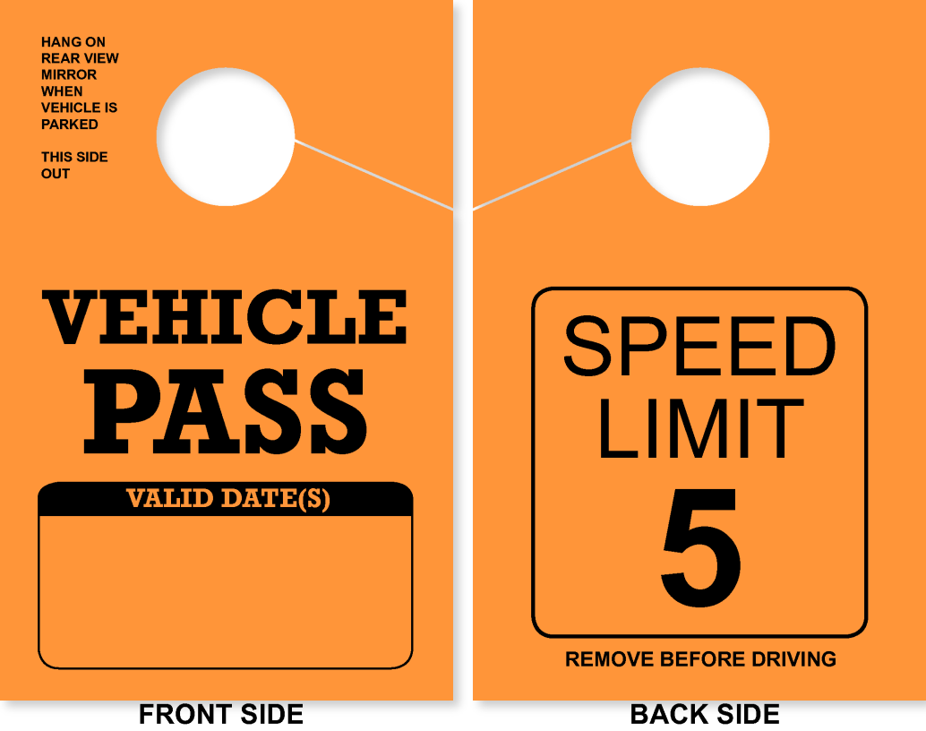 Campground/RV Park Vehicle Pass Hang Tag | Speed Limit 5 | Orange 