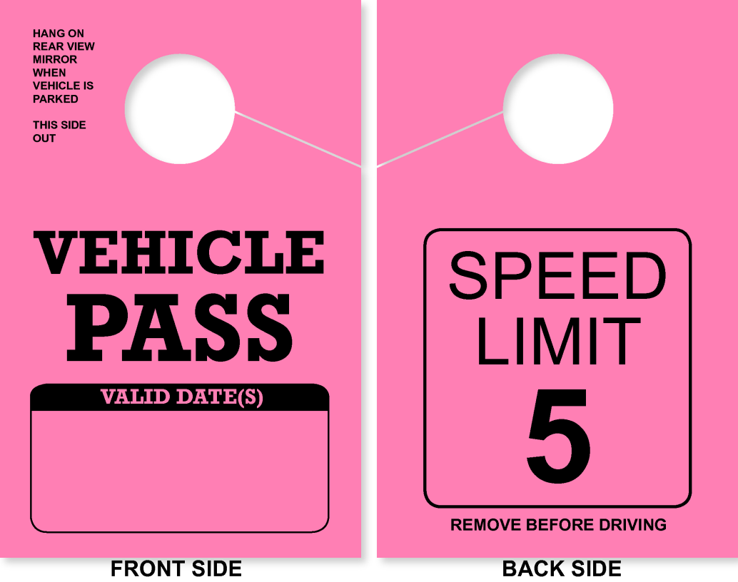 Campground/RV Park Vehicle Pass Hang Tag | Speed Limit 5 | Pink 