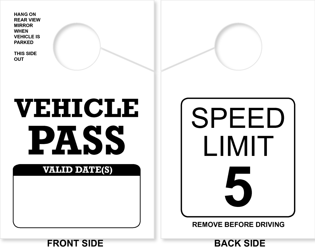 Campground/RV Park Vehicle Pass Hang Tag | Speed Limit 5 | White 